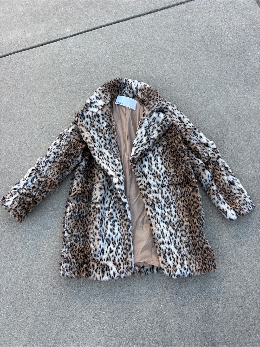Leopard Print Faux Fur Coat - Neutral Brown & Cream
